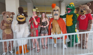 A gathering of mascots.  All of the  mascots from the schools in the York Suburban School District are shown in this photo.  From left:  Ready Teddy (Valley View Elementary School), Rocky Road Runner (Indian Rock Elementary School), the Trojan Man and Trojan Woman (York Suburban High School), Trojan Man (York Suburban Middle School), Spike the Dragon (East York Elementary School), and Yorkie (Yorkshire Elementary School).