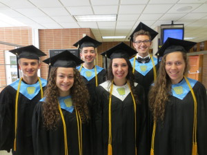 Speakers for the Class of 2013 graduation were: (front row) Sarah Gutekunst, student council treasurer; Helen Gunn, National Honor Society president; and Alicia Baker, co-valedictorian.        (Back row) Andrew Toman, vice president of student council; Michael Hogg, Class of 2013 president; and Christopher Covert, co-valedictorian.