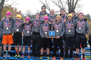 York Suburban High School's Boy's Cross-Country team and coaches with State Championship trophy and medals.  (Photo courtesy of Les Shrader)