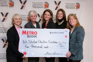 Earlier this month, Metro Bank presented the York Suburban Education Foundation with an EITC check in support of the Foundation’s efforts. Pictured are YSEF Board President, Cathy Shaffer; Dr. Shelly Merkle, Superintendent, YSSD; Krista (Keffer) Blasser, VP Commercial Loan Officer, Metro Bank and YS alumni class of '97; Sarah Reinecker, YSEF Board Vice President; and Becca Kennedy Eden, YSEF Executive Director.