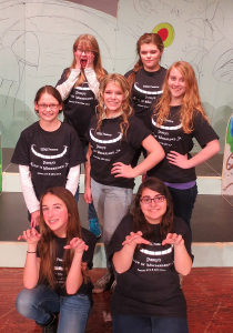 Cast members for “Alice in Wonderland, Jr.” at York Suburban Middle School include:  Front row (from left to right):  Cheshire Cat 2, Sarah Murray; and Cheshire Cat 1, Livia Demopoulos; not available for the photo Cheshire Cat 3, Maggie Ayers.  Second row (from left): Small Alice, Jillian Thoman; Alice, Isabelle Pemberton; and Tall Alice, Carianne Youcheff.  Back row (from left):  White Rabbit, Sophie Nicholson; and Mathilda, Kiralyn Coleman.