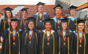Academic Medal Award Winners -- the top 10 acadamic students -- for the Class of 2015 are:  (Front, from left) Claudia Mingora, Alison Liu, Tagan Lehr, Jenisica Isiminger, and Reah Koller.  (Back, from left) Leah Deroche, Seth Rosenkrans, Michael Peck, and Holden Caplan.