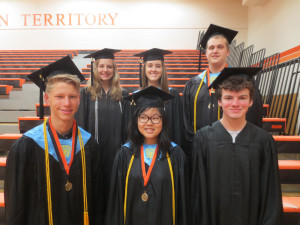 Class of 2015 graduation speakers.  (Front, from left) Michael Peck, Alison Liu, Nickolas Gati, Julianna Kates, Maura Brehl, and Mitchell Weber.