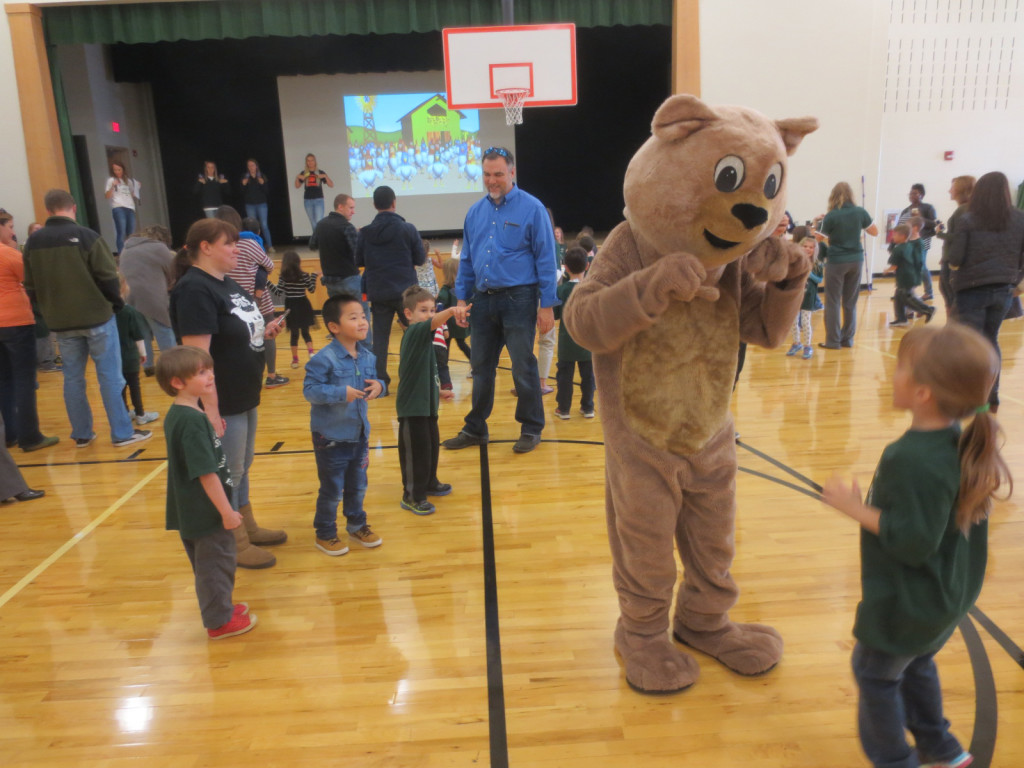 Valley View Elementary School mascot Ready Teddy joins the dancing.