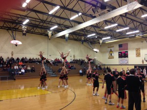York Suburban varsity cheerleaders bring excitement and pep to a game at Biglerville High School early in the basketball season. Photo Submitted by Kayla de Garay. 