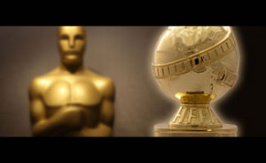 The Academy Award (right) and the Golden Globes (left) trophies shown.